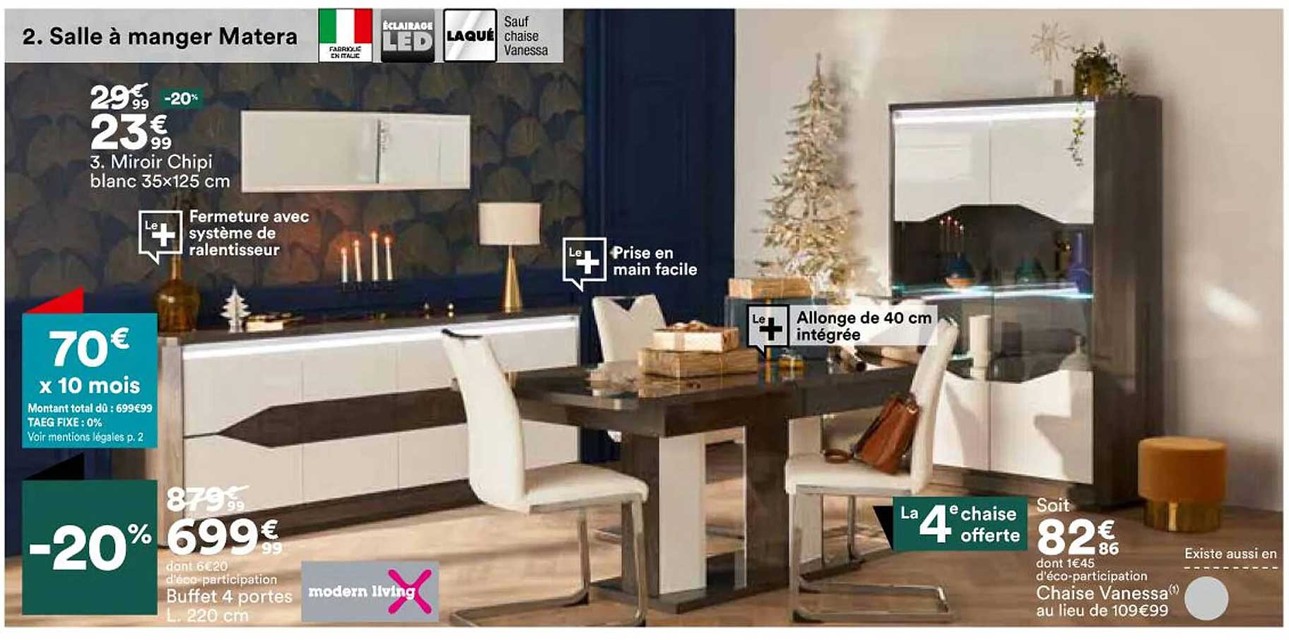 salle à manger matera, miroir chipi blanc 35 x 125 cm, buffet 4 portes l. 220 cm, chaise vanessa