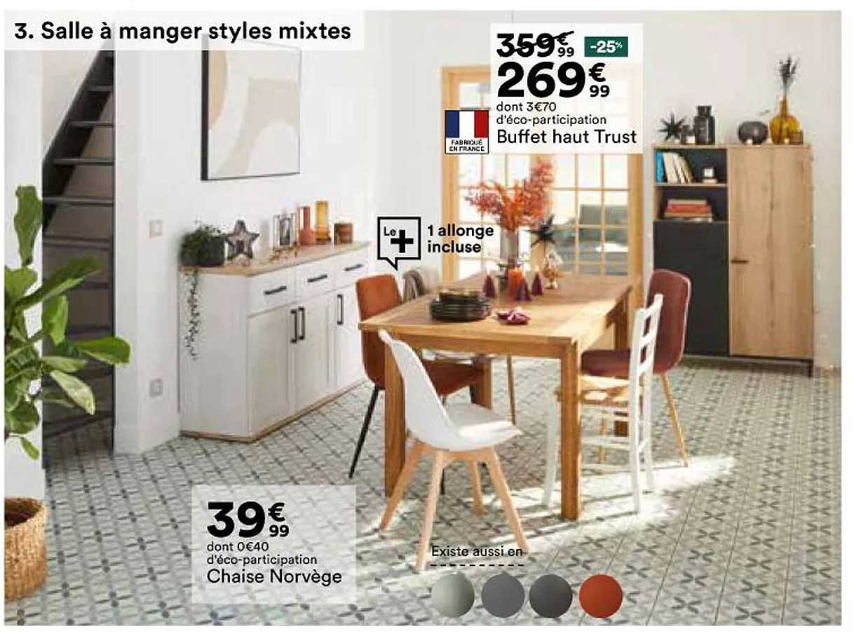 salle à manger styles mixtes : chaise norvège, buffet haut trust