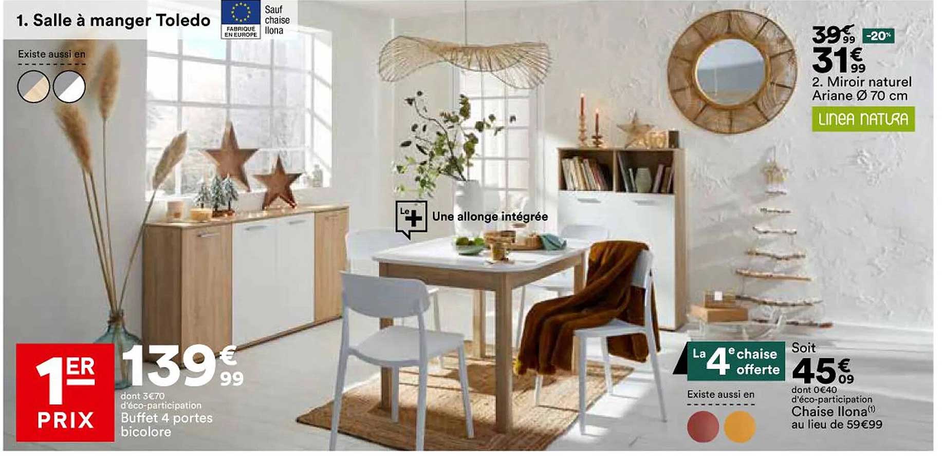 salle à manger toledo : buffet 4 portes bicolore, miroir naturel ariane ø 70 cm, chaise ilona