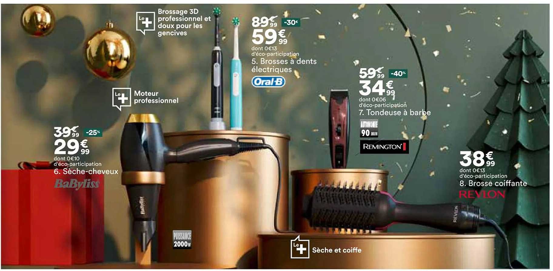 sèche-cheveux babybliss, brosses à dents électriques, tondeuse à barbe remington, brosse coiffante revlon