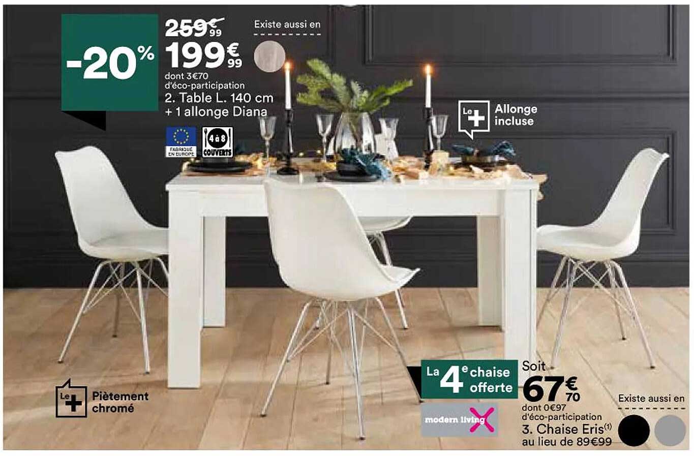 table l. 140 cm + 1 allonge diana, chaise eris