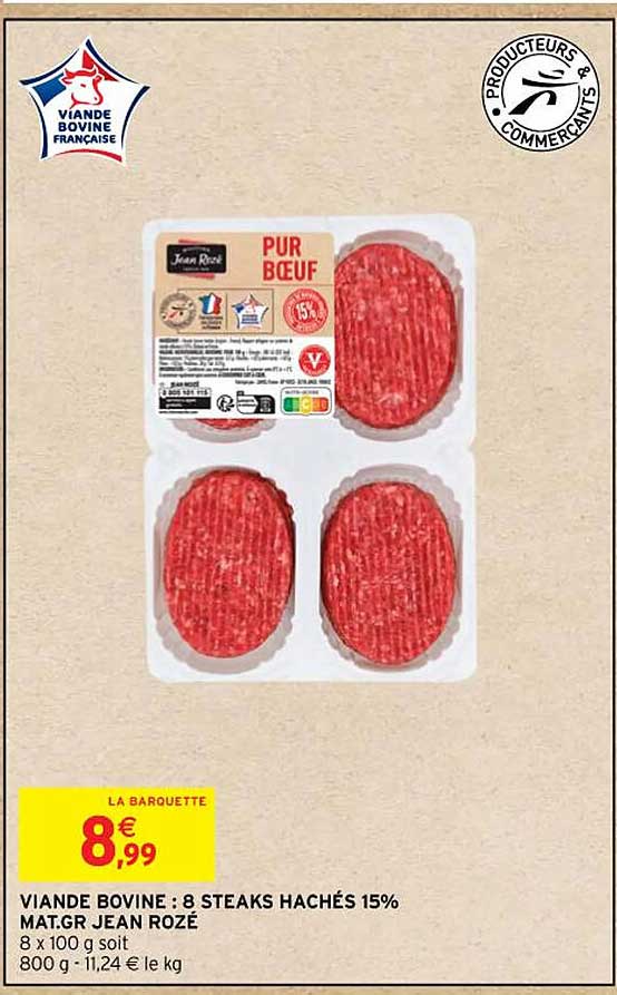 viande bovine : 8 steaks hachés 15% mat. gr. jean rozé