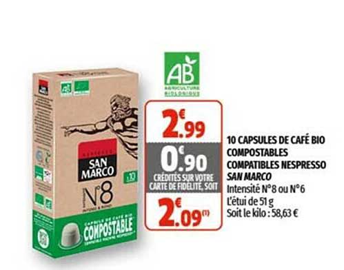 10 capsules de café bio compostables compatibles nespresso san marco