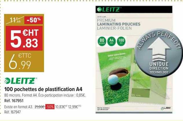 100 pochettes de plastification a4 leitz