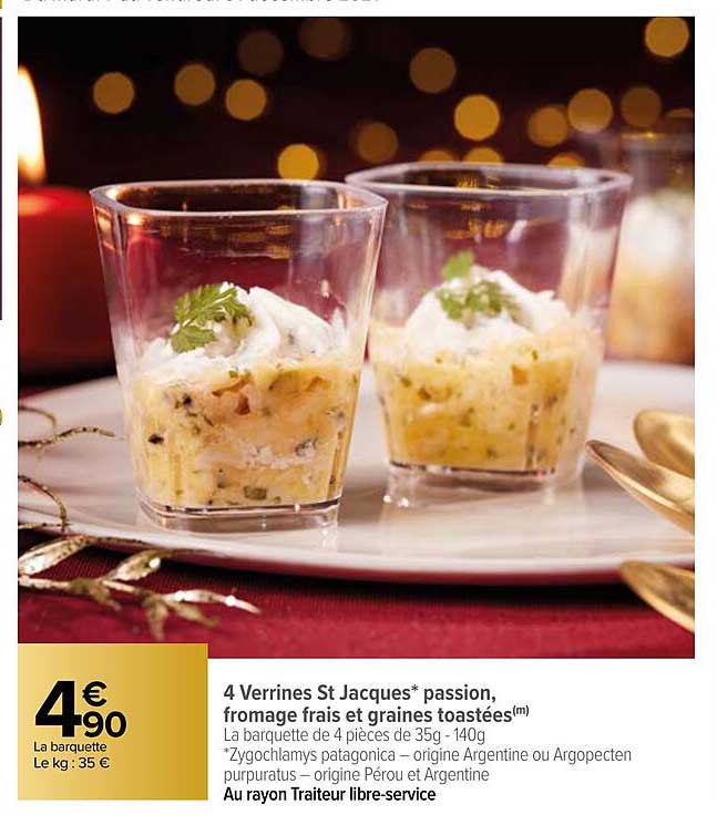 4 verrines st jacques passion, fromage frais et graines toastées