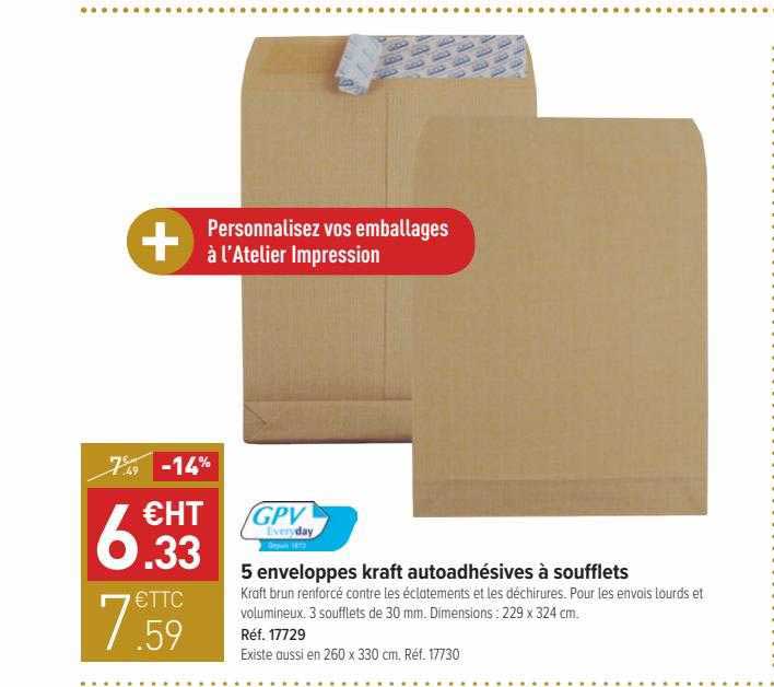 5 enveloppes kraft autoadhésives à soufflets