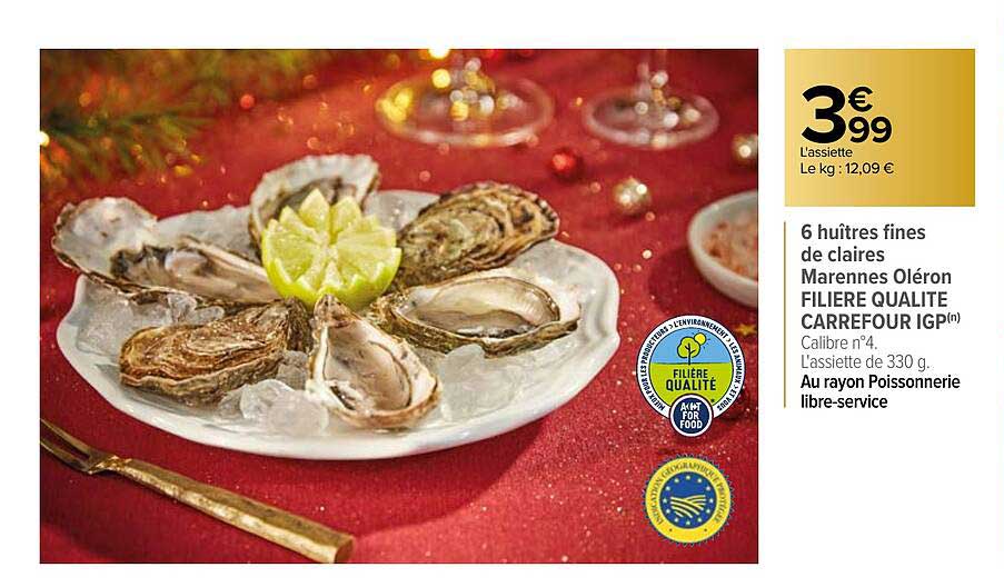 6 huîtres fines de claires marennes oléron filière qualité carrefour igp