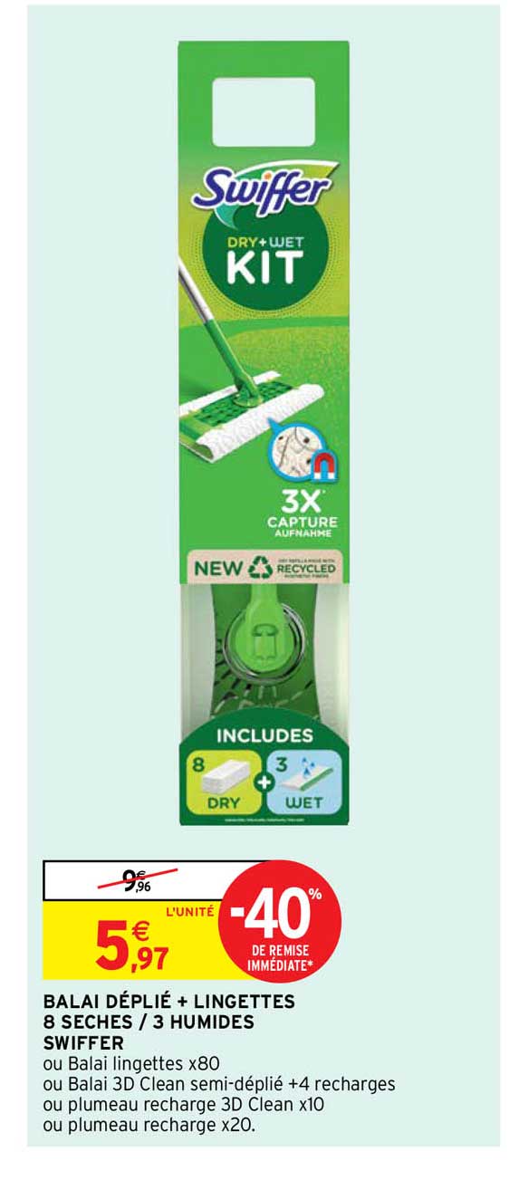 Balai Déplié + Lingettes 8 Sèches - 3 Humides Swiffer