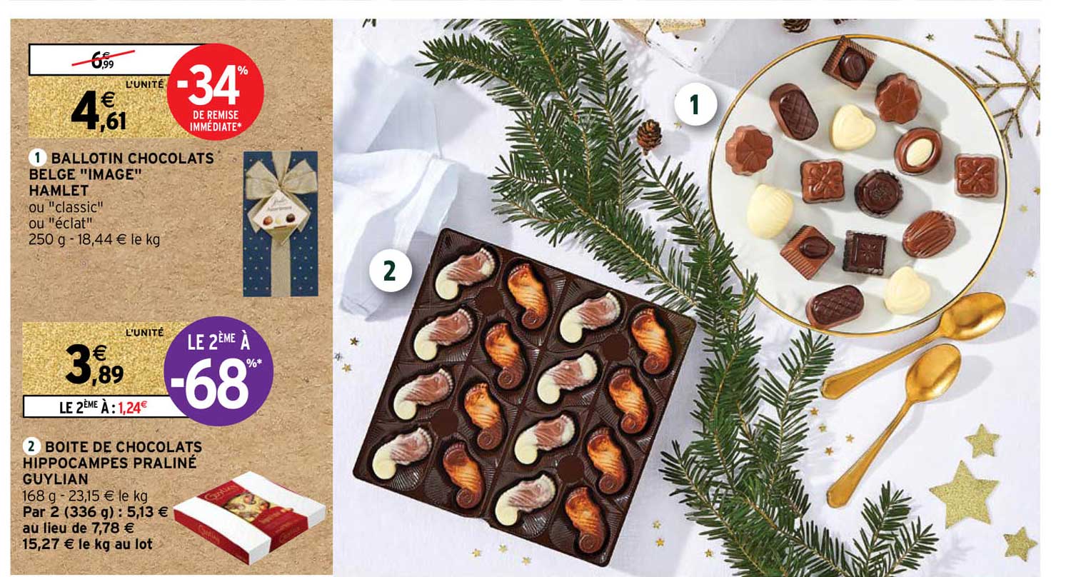 ballotin chocolats belge "image" hamlet, boîte de chocolats hippocampes praliné guylian