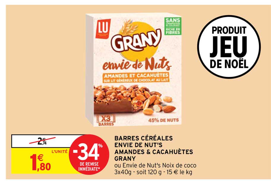 barres céréales envie de nut's amandes & cacahuètes grany