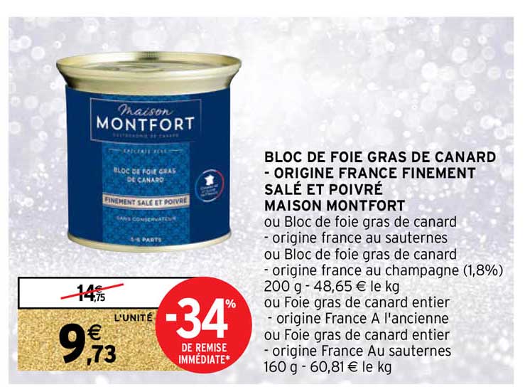 bloc de foie gras de canard - origine france finement salé et poivré maison montfort