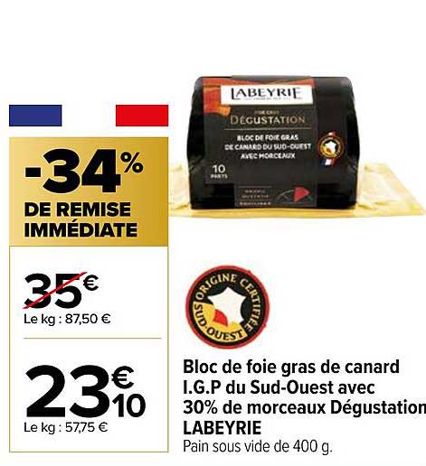 bloc de foie gras de canard i.g.p. du sud-ouest avec 30% de morceaux dégustation labeyrie