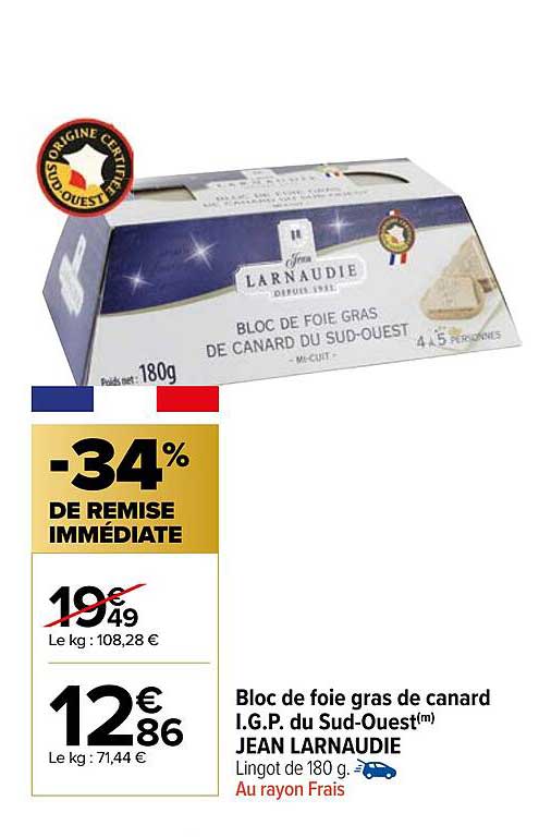 bloc de foie gras de canard i.g.p. du sud-ouest jean larnaudie