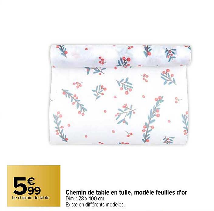 chemin de table en tulle, modèle feuilles d'or