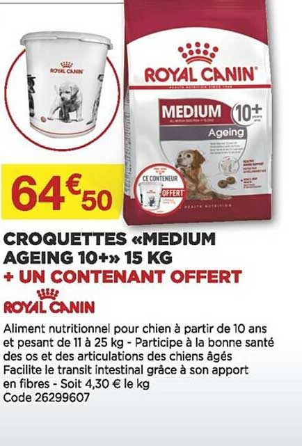 croquettes «medium ageing 10+» 15 kg + un contenant offert royal canin