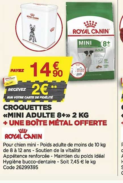 croquettes «mini adulte 8+» 2 kg + une boîte métal offerte royal canin
