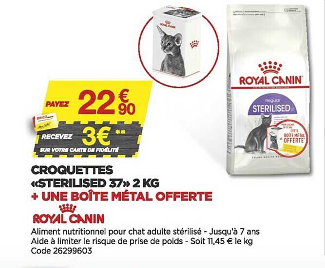 croquettes «sterilised 37» 2 kg + une boîte métal offerte royal canin