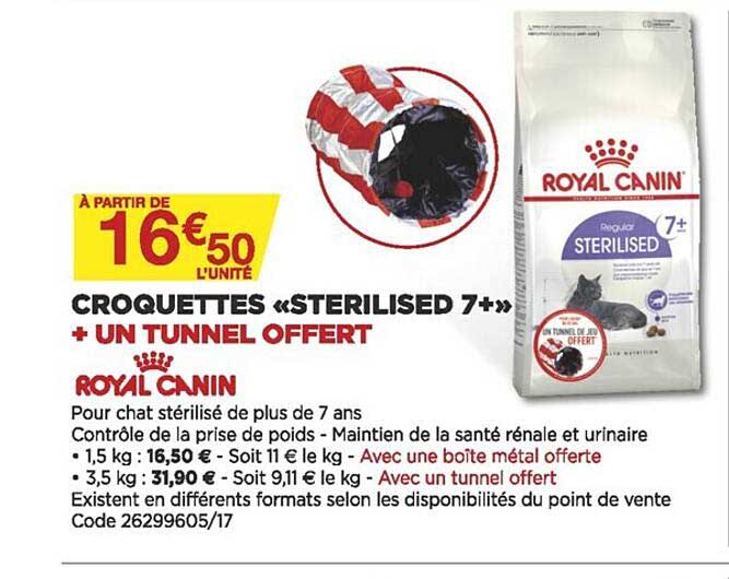 croquettes «sterilised 7+» + un tunnel offert royal canin