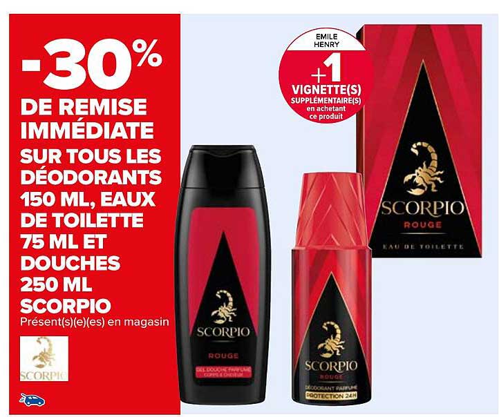 déodorants 150 ml, eaux de toilette 75 ml et douches 250 ml scorpio