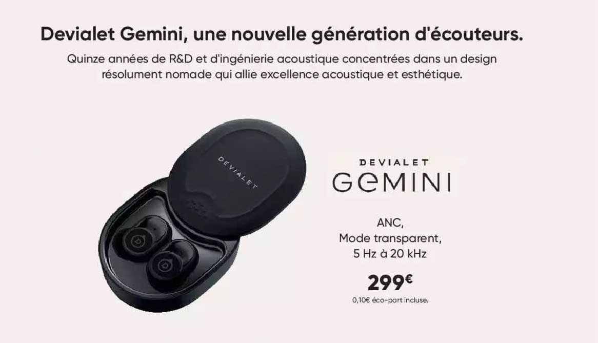 devialet gemini  anc, mode transparent, 5 hz à 20 kHz
