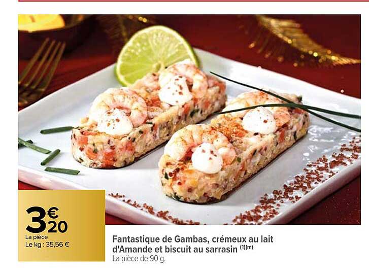 fantastique de gambas, crémeux au lait d'amande et biscuit au sarrasin