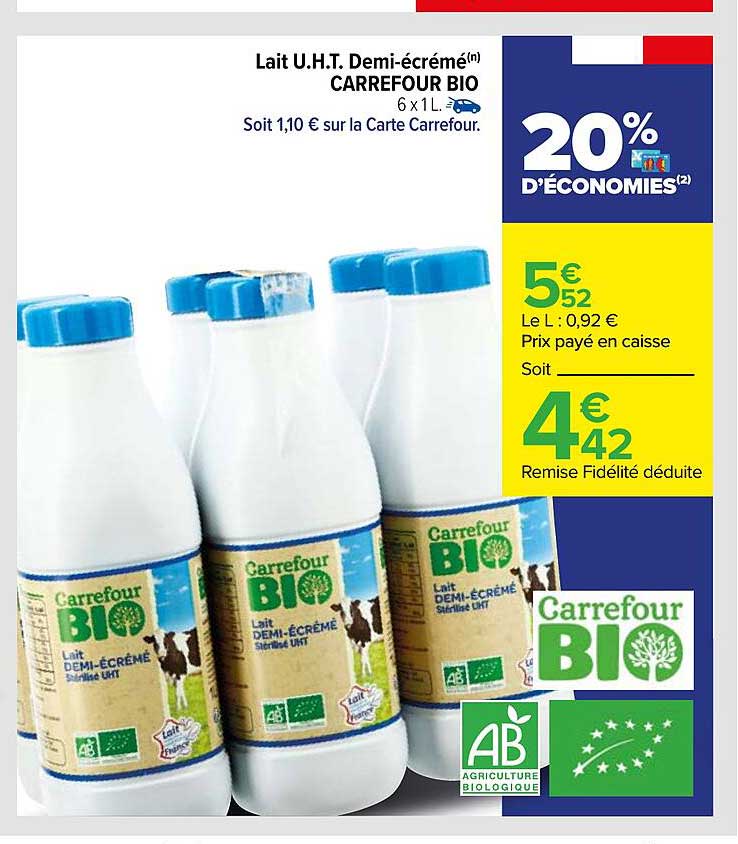 lait u.h.t. demi-écrémé carrefour bio