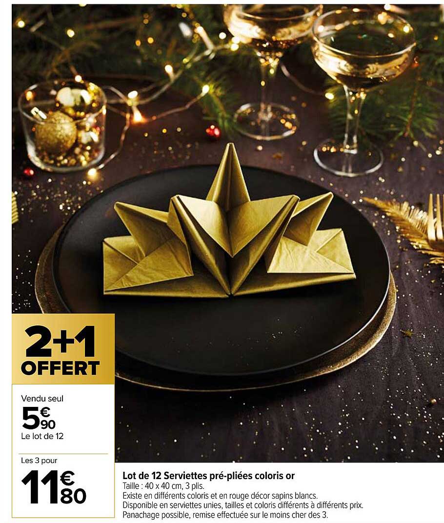 lot de 12 serviettes pré-pliées coloris or