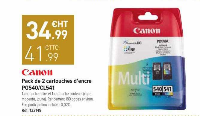 pack de 2 cartouches d'encre pg540-cl541 canon