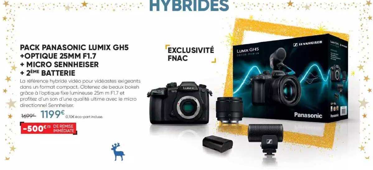 pack panasonic lumix gh5 + optique 25mm f1.7 + micro sennheiser + 2ème batterie