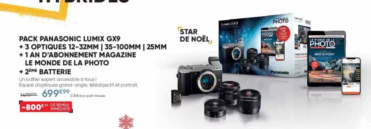 pack panasonic lumix gx9 + 3 optiques 12-32mm | 35-100mm | 25mm + 1 an d'abonnement magazine le monde de la photo + 2ème batterie