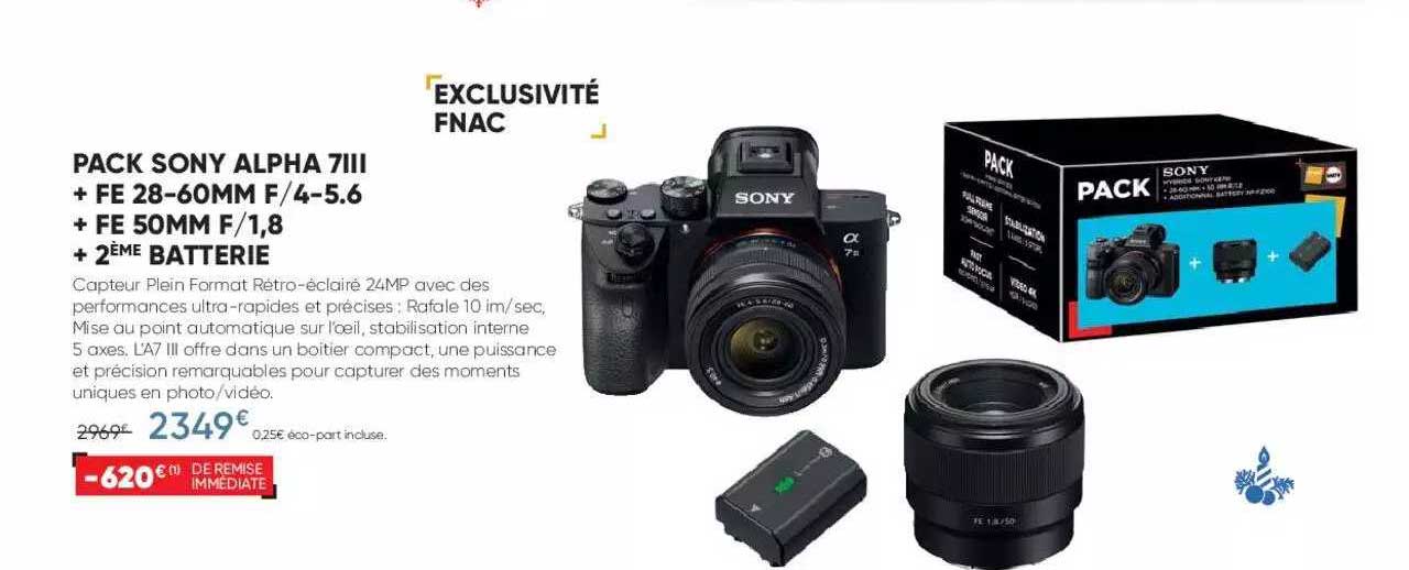 pack sony alpha 7III + fe 28-60mm f-4-5.6 + fe 50mm f-1,8 + 2ème batterie