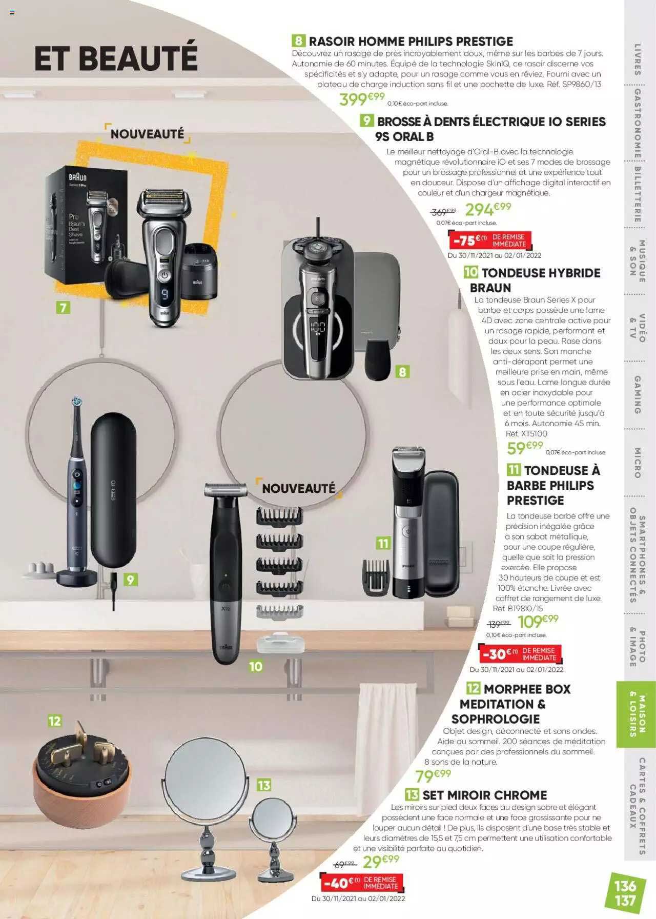 rasoir homme philips prestige, brosse à dent électrique io séries 9s oral b, tondeuse hybride braun, tondeuse à barbe philips prestige, morhée box meditation & sophrologie, set miroir chrome