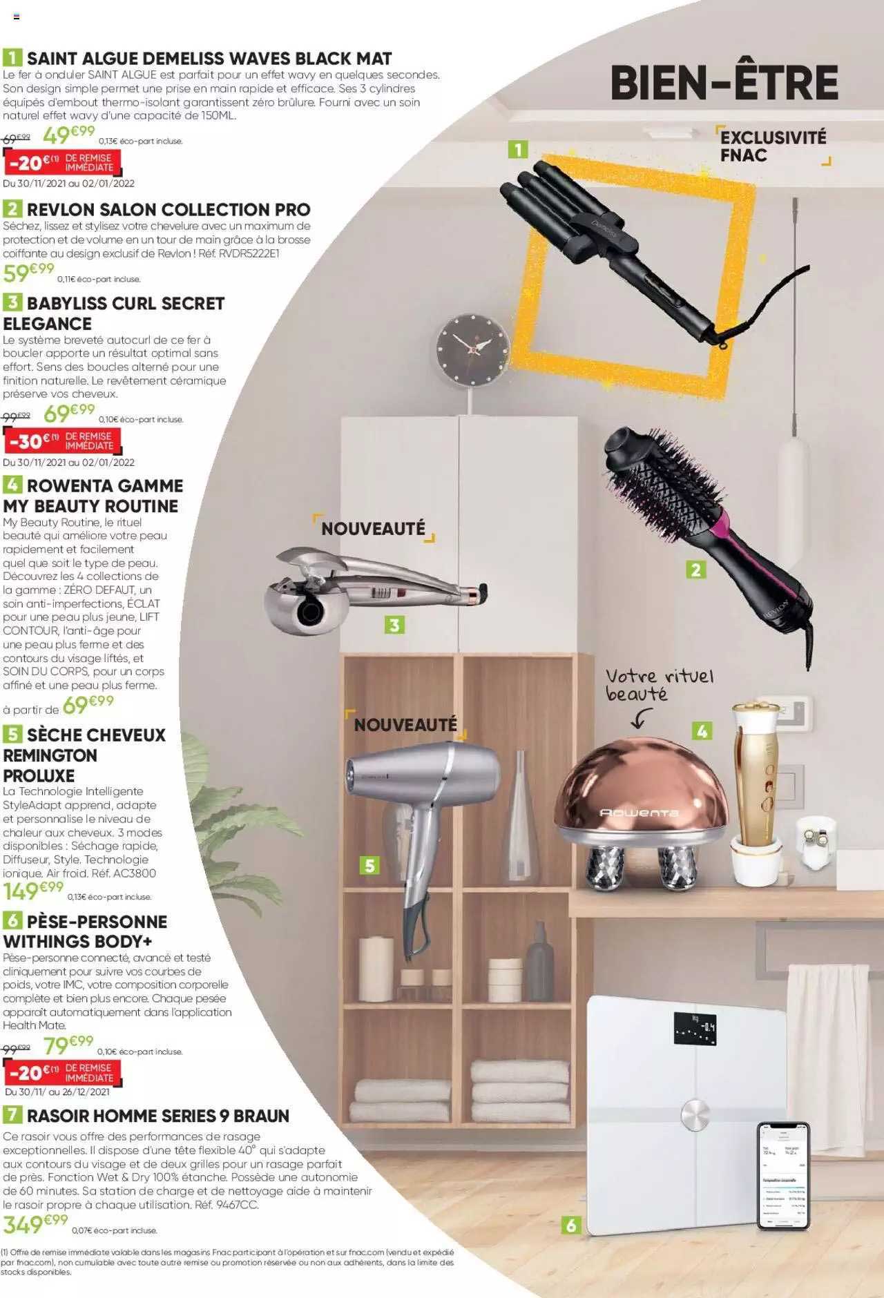 saint algue demeliss waves black mat, revlon salon collection pro, babyliss curl secret élégance, rowenta gamme my beauty routine, sèche-cheveux proluxe, pèse-personne withings body+, rasoir homme