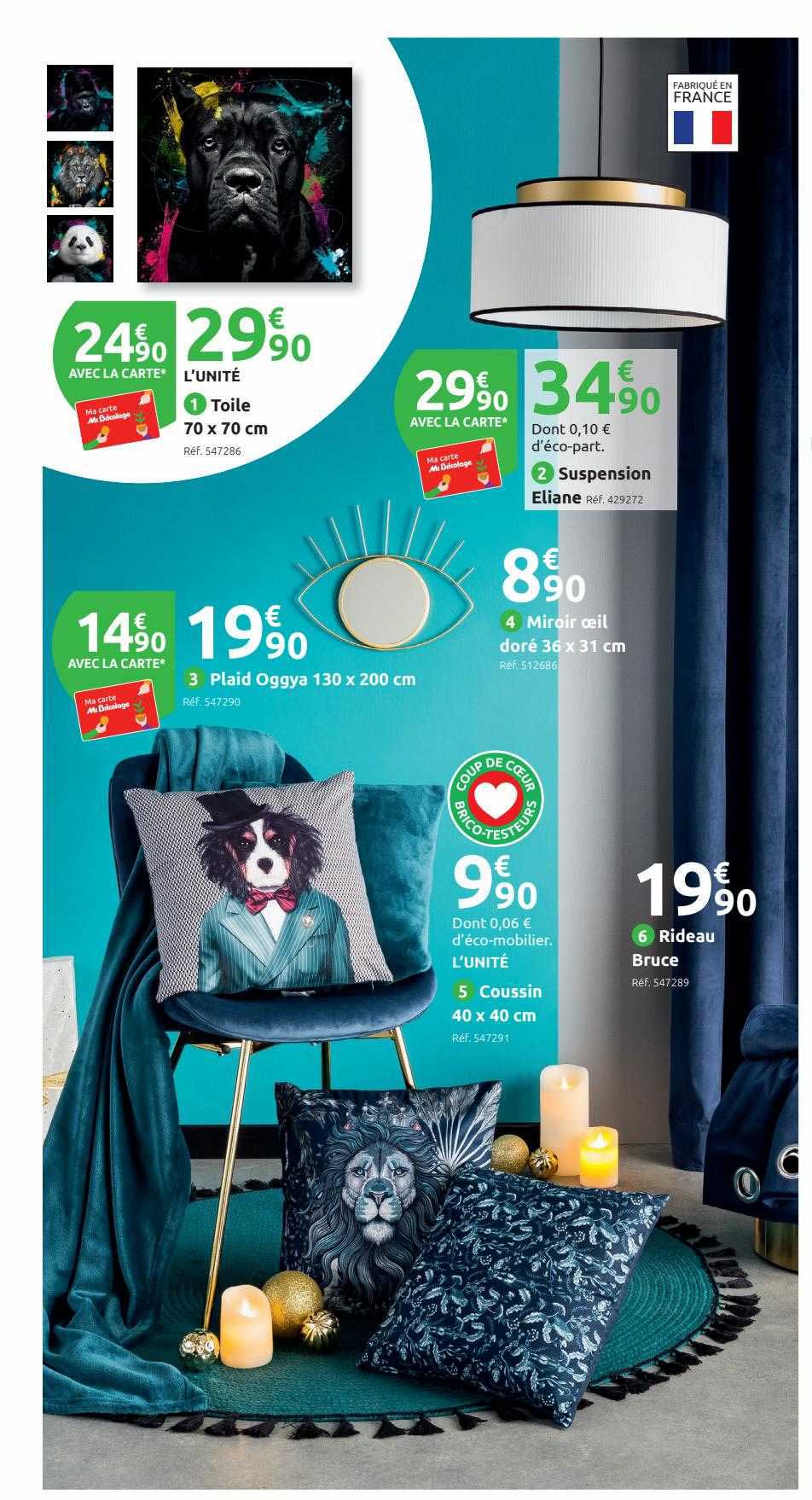 toile 70 x 70 cm, suspension eliane, miroir œil doré 36 x 31 cm, playd oggya 130 x 200 cm, coussin 40 x 40 cm, rideau bruce