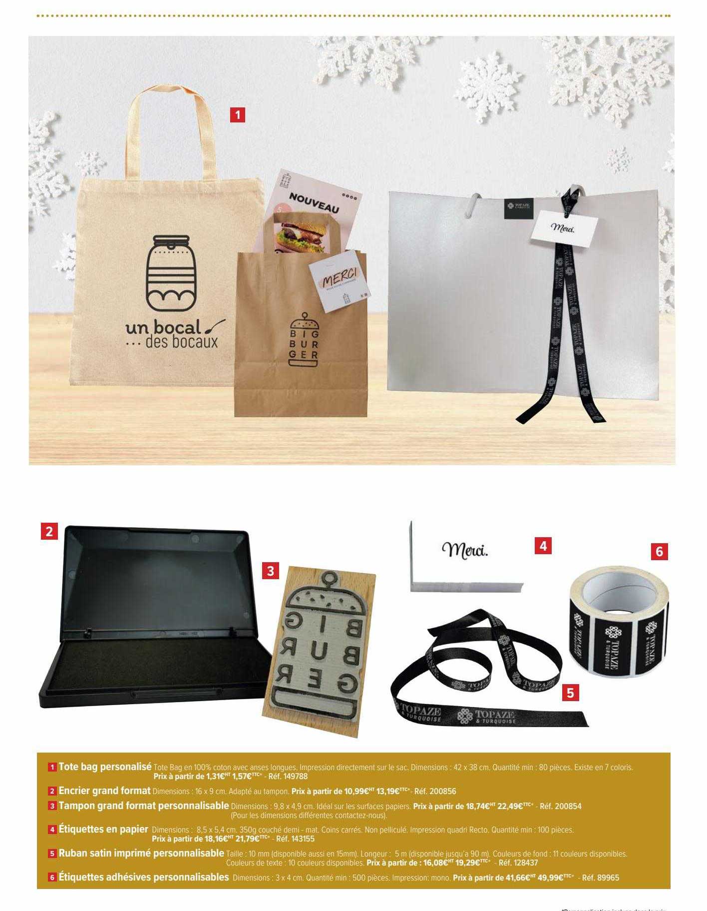 tote bag personnalisé, encrier grand format, tampon grand format personnalisable, étiquettes en papier, ruban satin imprimé personnalisable, étiquettes adhésives personnalisables