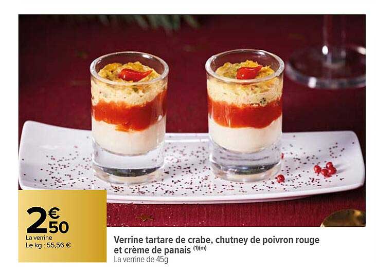verrine tartare de crabe, chutney de poivron rouge et crème de panais