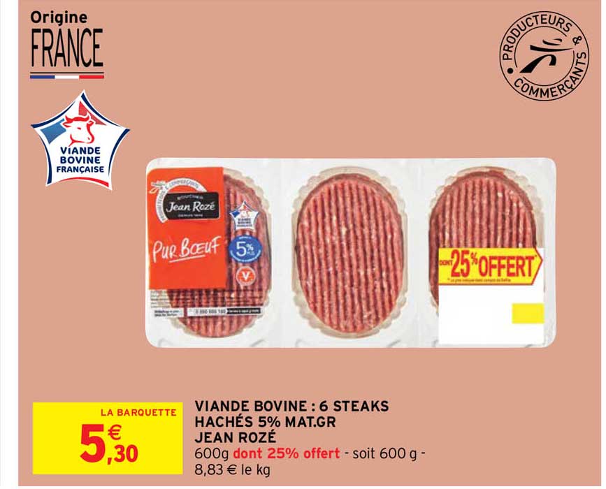viande bovine : 6 steaks hachés 5% mat. gr. jean rozé