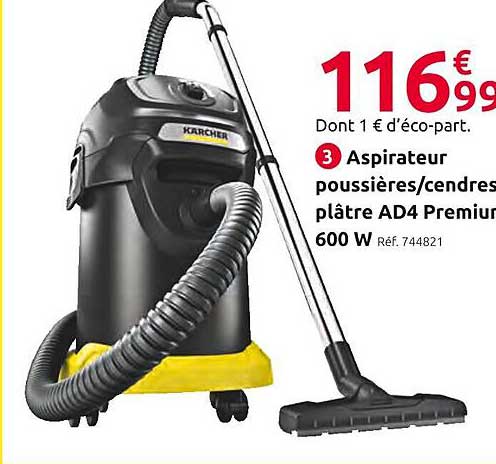 aspirateur poussières ou cendres plâtre ad4 premium 600w kärcher