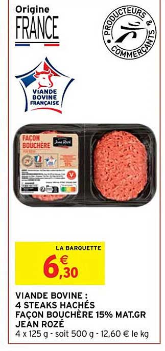 viande bovine : 4 steaks hachés façon bouchère 15% mg jean rozé