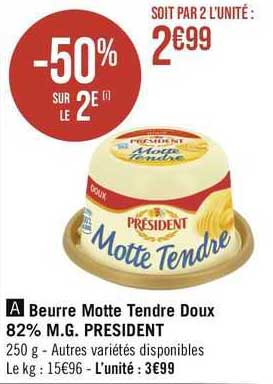 beurre motte tendre doux 82% m.g. président