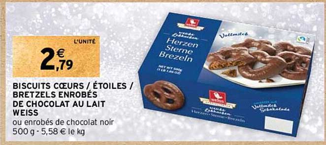 biscuits coeurs / étoiles / bretzels enrobés de chocolat au lait weiss