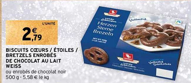 biscuits cœurs / étoiles / bretzels enrobés de chocolat au lait weiss