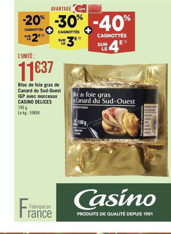 bloc de foie gras de canard du sud-ouest igp avec morceaux casino délices