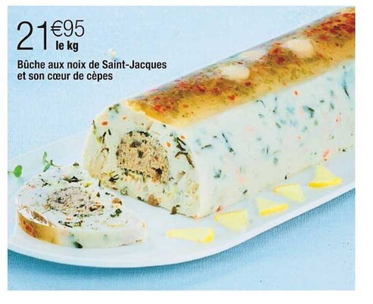 bûche aux noix de saint-jacques et son cœur de cèpes