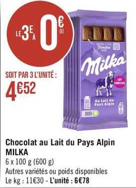 Chocolat Au Lait Du Pays Alpin Milka