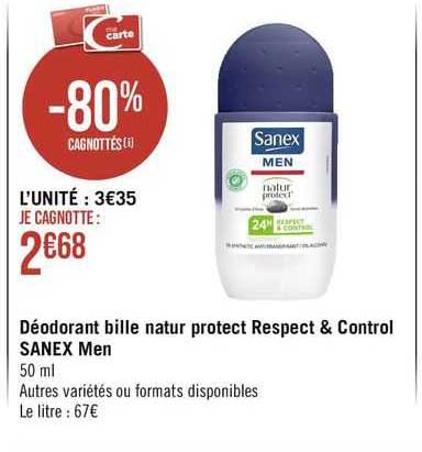 déodorant bille natur protect respect & control sanex men