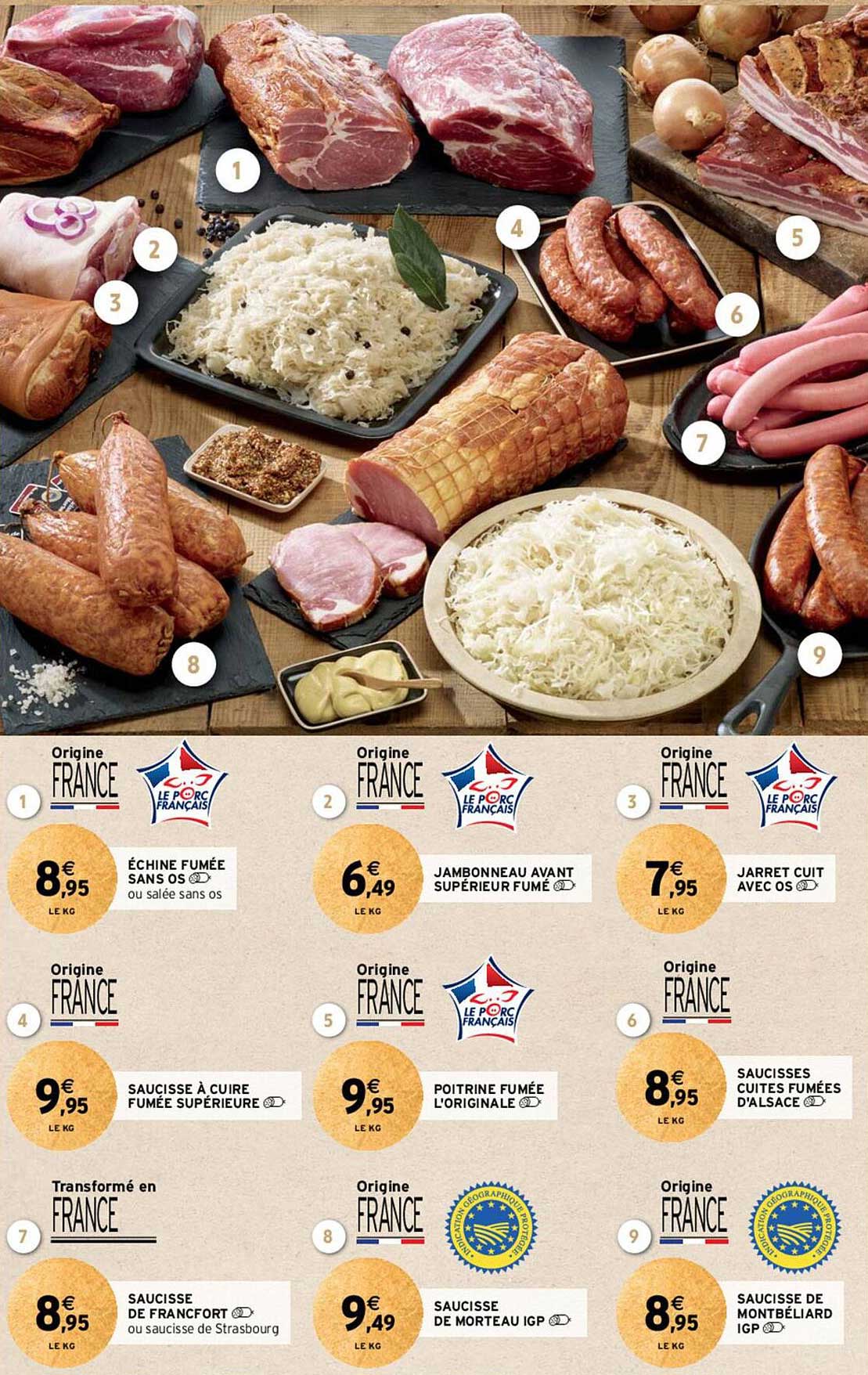échine fumée sans os, jambonneau avant supérieur fumé, jarret cuit avec os, saucisse à cuire fumée supérieure, poitrine fumée l'originale, saucisses cuites fumées d'alsace, saucisse de francfort