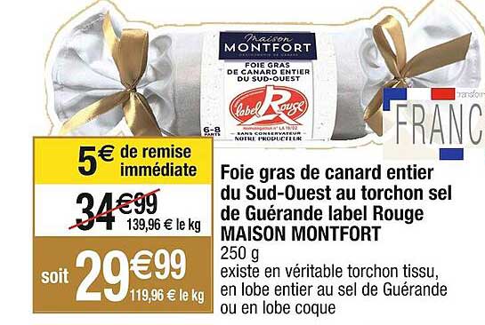 foie gras de canard entier du sud-ouest au torchon sel de guérande label rouge maison montfort
