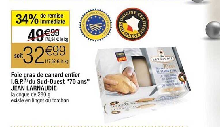 foie gras de canard entier i.g.p. du sud-ouest "70 ans" jean larnaudie