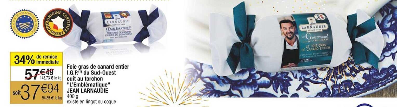 foie gras de canard entier i.g.p. du sud-ouest cuit au torchon "l'emblématique" jean larnaudie